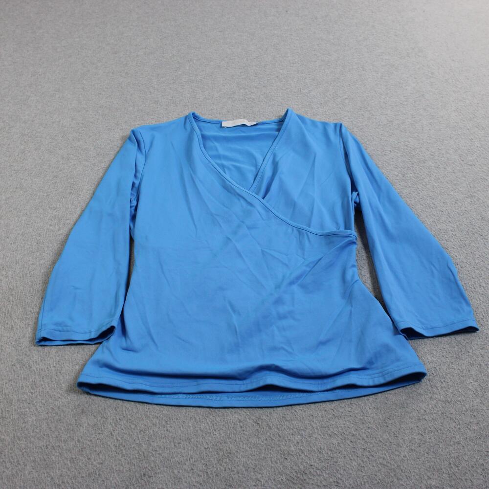 Anne Fontaine Shirt Women Small 38 Blue Wrap 3/4 Sleeve Stretchy Quiet Luxury